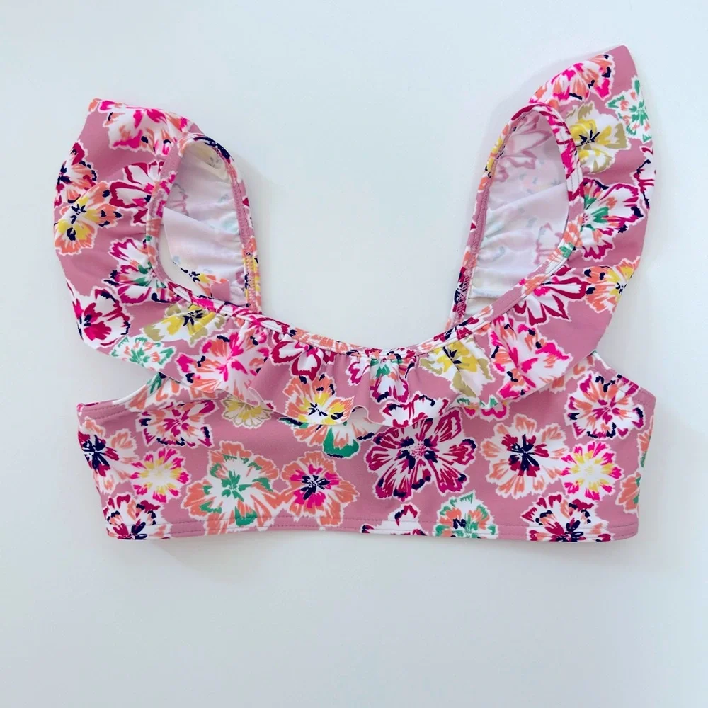 Tanya Taylor Swim Kids Bikini Top Small Girls Pink Floral Lined Ruffles Top Only